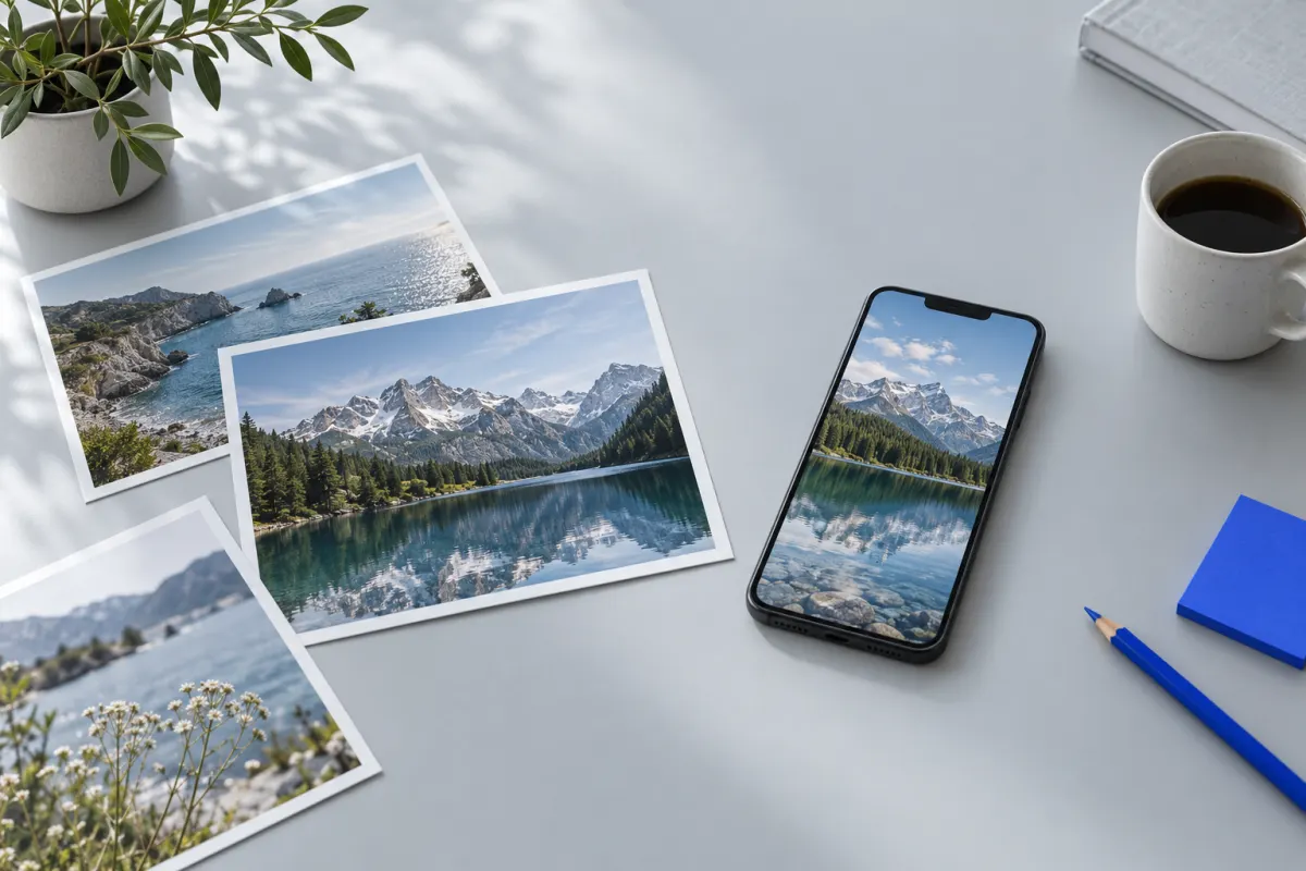Printed photos next to a phone showing the same mountain lake picture