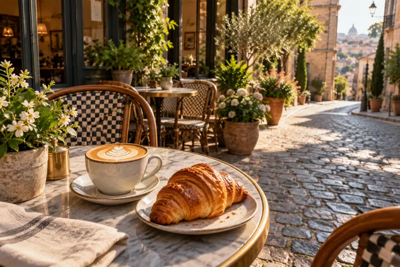 Latte and croissant on a marble café table beside a sunny cobbled street