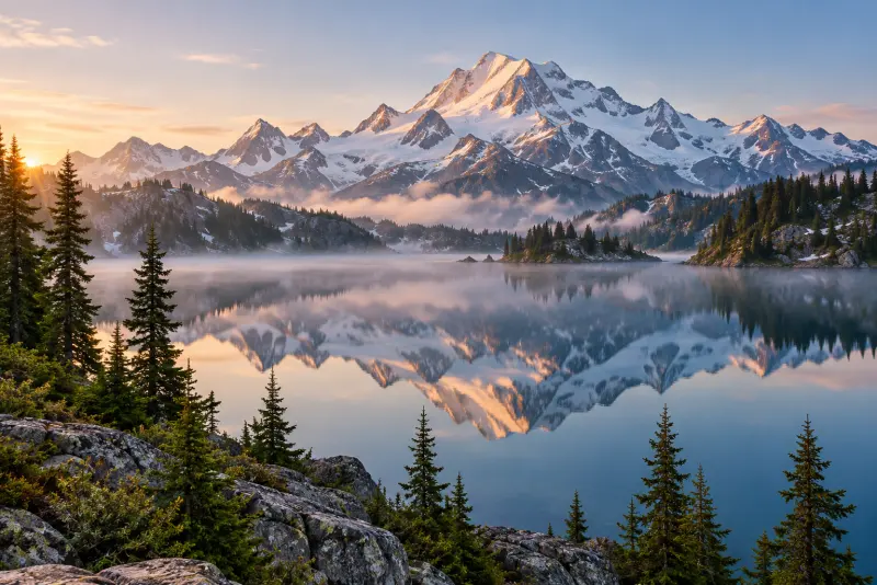 Snowy peaks reflected in a misty alpine lake at sunrise, framed by pine trees